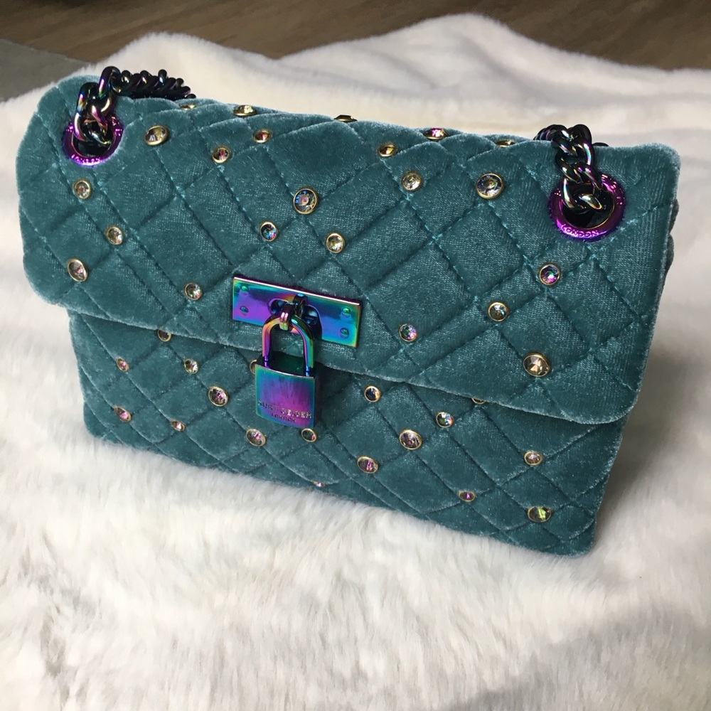NWT Kurt Geiger London Velvet Mini Brixton Teal Shoulder Handbag